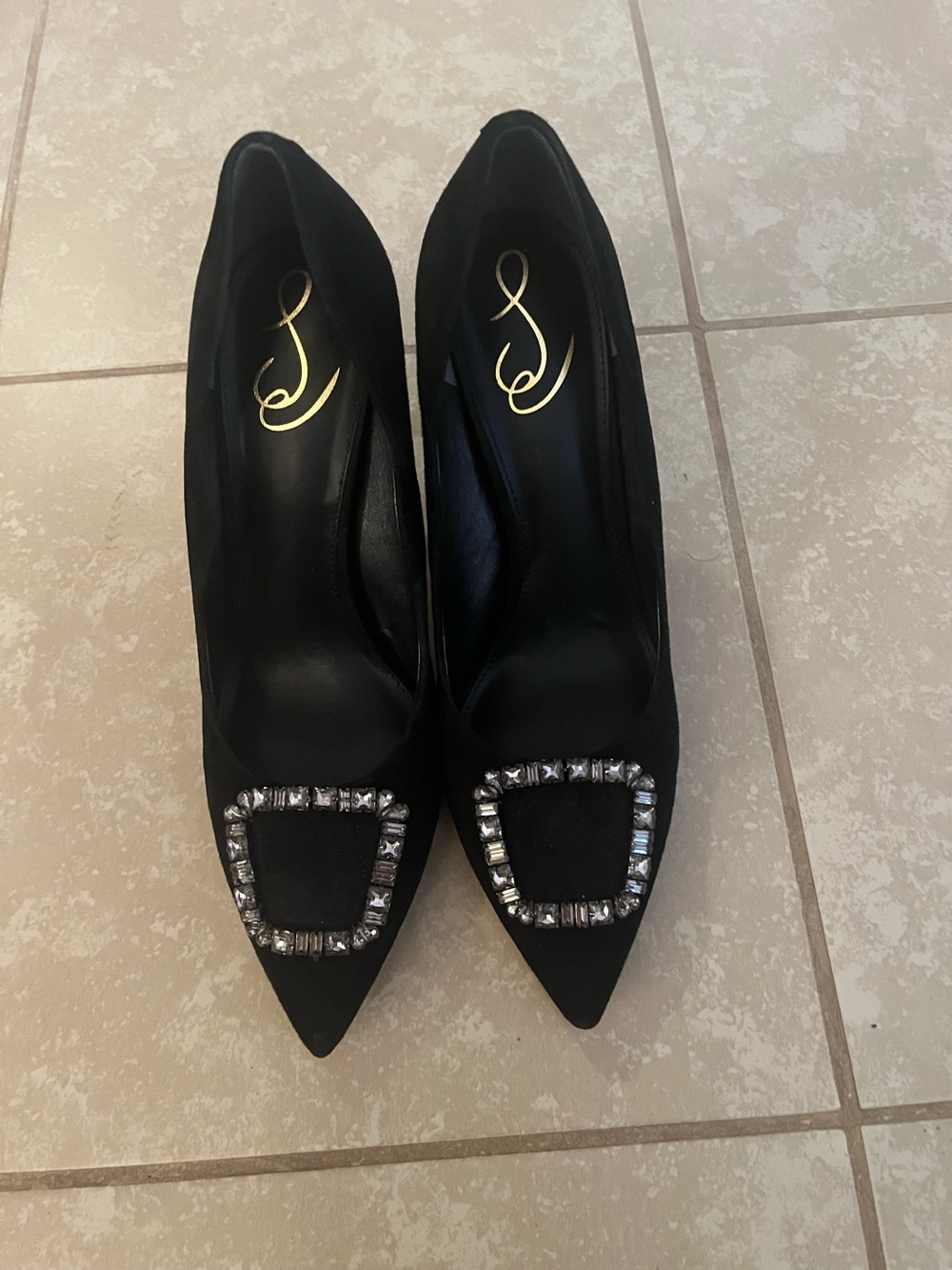 Embellished Black Suede Pointed Toe Pumps